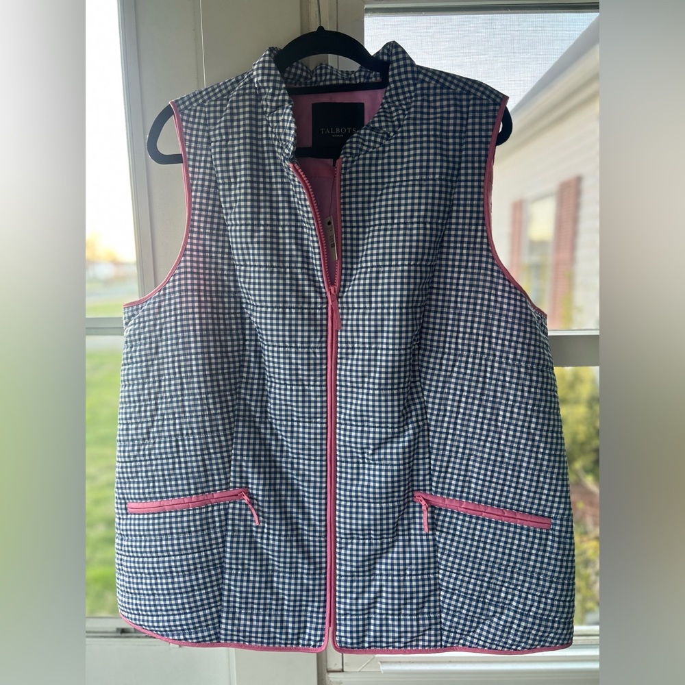 Talbots Blue Gingham Quilted Vest with Pink Trim
